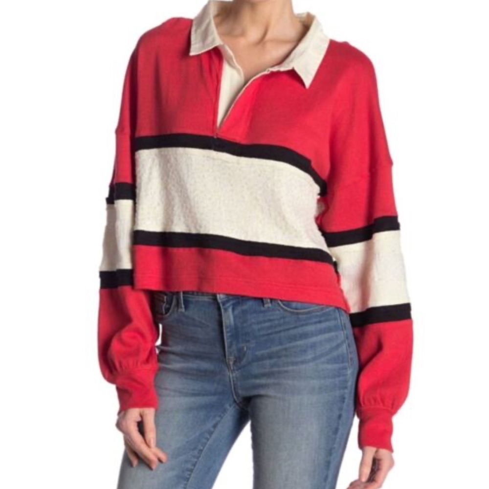We The Free Party Polo Shirt Women XS Rugby Style Cropped Long Sleeve Sequin Top